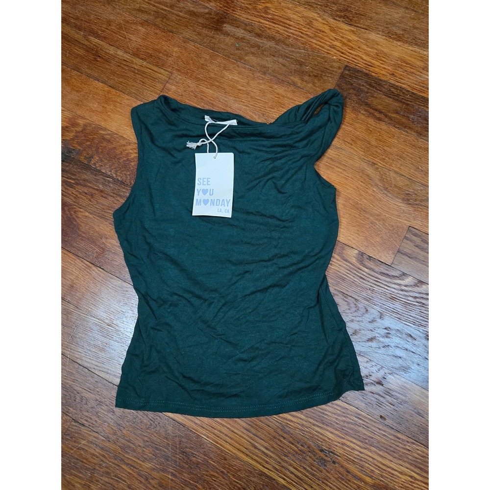 See You Monday Forest Green Asymmetrical Draped Neck Sleeveless Top XS NWT